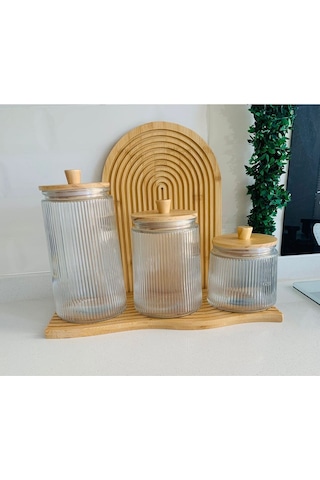 Qerhome Bambu Kapaklı Vakumlu 3'lü Çizgili Kavanoz Seti 800/1300/1800 Ml ŞEffaf