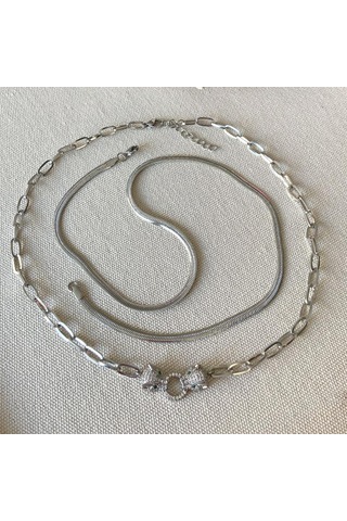 Kaplan Taşlı Trend İkili Çelik Kolye Çok renkli