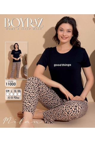 Boyraz Slim Fit Dar Kesim Kadın Milan Bisiklet Yaka Kısa Kol Pijama Takımı 11000s - 1 Adet Siyah