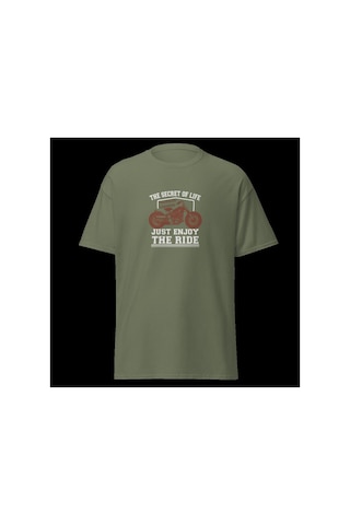 Wildstyle Just Enjoy The Ride Motosiklet Vintage Özgürlük Baskılı Unisex Bisiklet Yaka Pamuklu Tişört - Haki