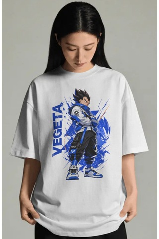 Unisex Oversize Vegeta Dragon Ball Anime Karakter Ön Baskılı Prem Beyaz
