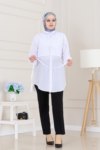 Sevitli Cepken Detaylı Bağlamalı Keten Tunik-beyaz-5117 Beyaz