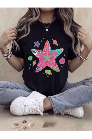 Marine Tema Baskılı Oversize Kompak T-shirt Siyah