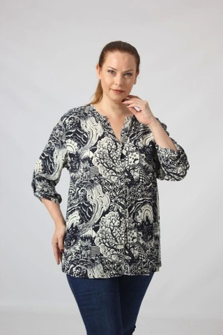 Moda Berray 3295 Lacivert Krem Karışık Desenli Viscon Kumaş Gömlek Siyah