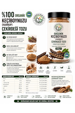 Harnup Unu 250 Gr Organik Keçiboynuzu Tozu Organik Katkısız Yoğun Aromalı Glutensiz Lif Ve Mineral Kaynağı