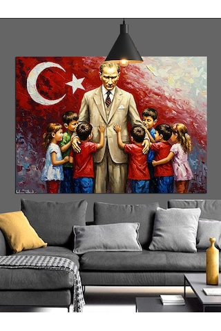 Atatürk Ve Çocuklar Dekoratif Kanvas - Mdf Ahşap Tablo