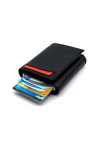 Otamatik Pop-up Mekanizmalı Rfıd Deri Kartlık Cüzdan Portföy Siyah Siyah Floter