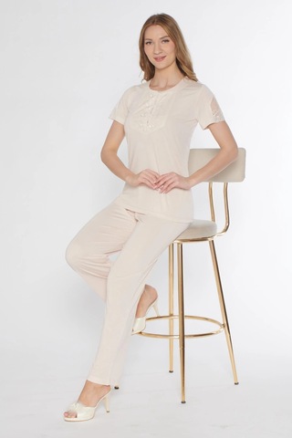 Kısa Kol Klasik Zakkum Pijama Takımı Dantel Detaylı Flz 88-114 Bej