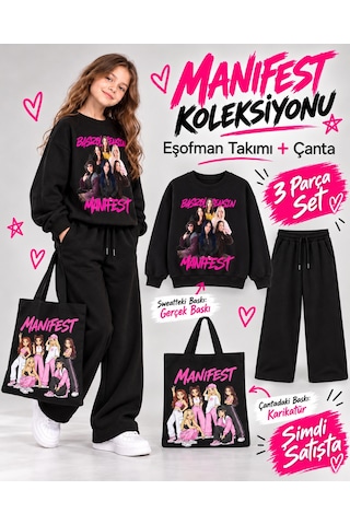 Kokoş Bebe Manifest Baskılı Çantalı 3 Lü Kız Çocuk Eşofman Takımı - 5/16 Yaş - 31976 Çok Renk