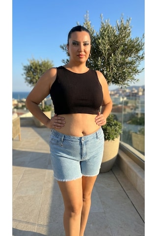 Zanessi Fashıon Büyük Beden Lastikli Yüksek Bel Yırtıklı Taşlı Cepli Kısa Denim Kadın Şort Mavi