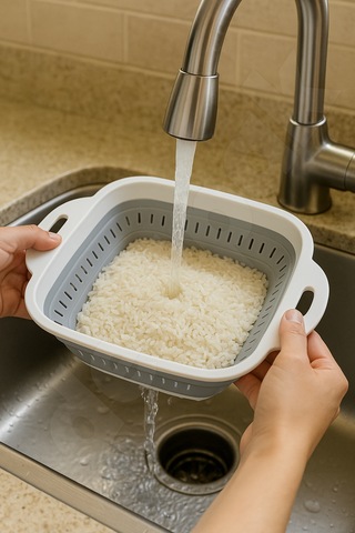 Yer Kaplamaz Katlanır Kare Süzgeç - Katlanabilir Kare Yıkama Süzgeci - Akordiyon Pirinç Süzgeci Beyaz - Gri