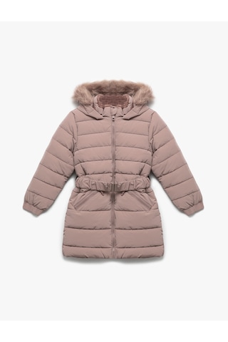 Koton Uzun Şişme Kapşonlu Mont Suni Kürk Detaylı Cepli Kemerli Pembe 5wkg00025aw Gül