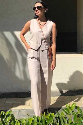 4 Sisters Fashion Bej Yelek Pantolon Takım - Bej