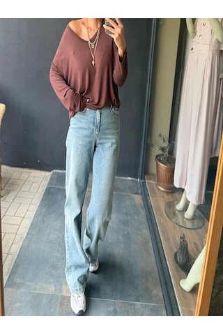 Mirve Butik V Yaka Yumoş Merserize Bluz Kahverengi