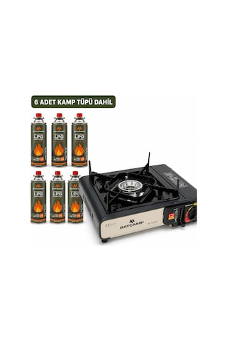 Portatif Kamp Ocağı Siyah + 6 Adet Kamp Tüpü – Otomatik Ateşlemeli, Taşıma Çantalı