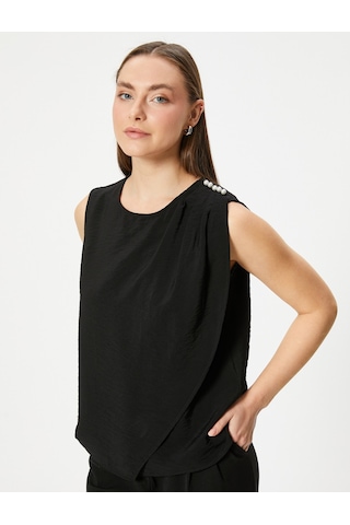 Koton Kolsuz Bluz İnci Detaylı Yuvarlak Yaka Viskon Kumaş Siyah 4sak60387uw Siyah