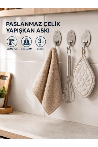 Mucit Home 3'lü Paslanmaz Çelik Çok Amaçlı Askı Havlu Askısı Banyo Mutfak Askısı Yapışkanlı Renkli