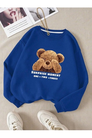 Suprise Moment Bear Sweatshirt - Sax Mavi Baskılı Oversize Kışlık Kalın Bisiklet Yaka Lacivert