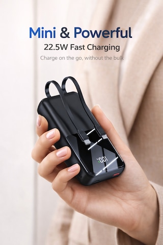 22.5w Hızlı Şarj Mini Powerbank 10000mah Dahili Lightning & Type-c Kablolu Taşınabilir Şarj Cihazı, Dijital Göstergeli, Kompakt Premium Tasarım Gri  -  Siyah