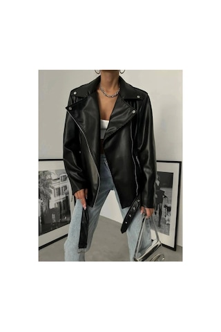 Candybia Kadın Oversize Biker Deri Ceket Siyah Siyah