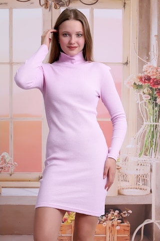 Self Clothing Kadın Pembe Balıkcı Yaka Petek Kumaş Elbise Slf1370 Pembe