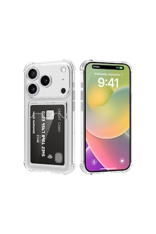 Apple Uyumlu iPhone 17 Promax Kapak Kamera Korumalı Kartlıklı Darbe Emici Özellikli Şeffaf Silikon Kılıf Apple Uyumlu iPhone 17 Promax Kapak Kamera Korumalı Kartlıklı Darbe Emici Özellikli Şeffaf Silikon Kılıf