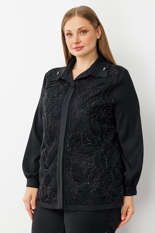 Moda İlgi Kadın Büyük Beden Yaprak Desenli Boncuk Detaylı Takma Kol Gömlek 0052 Siyah Siyah