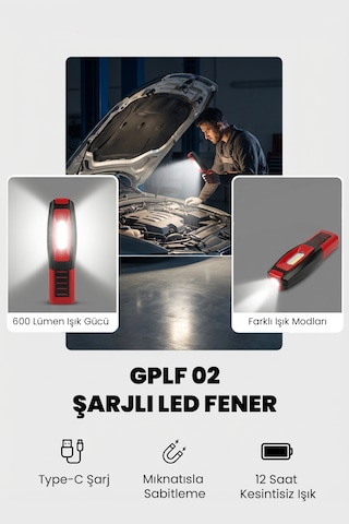 Gaptools 600 Lümen Şarjlı Led Fener Siyah