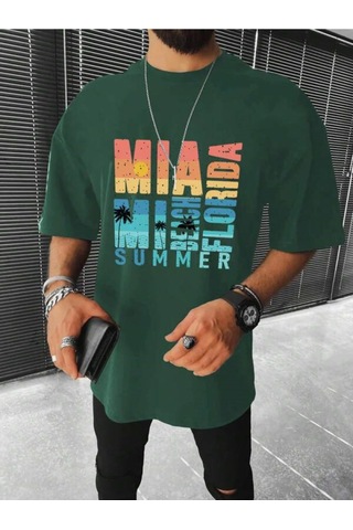 Unisex T-shirt - Miami Baskılı Oversize Bisiklet Yaka Kısa Kol Tişört Yeşil