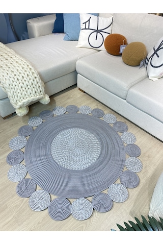 Mavaux Gri Jüt Hasırlı Kırçıllı El Örgüsü Kilim Halı Hasır Yuvarlak Gri