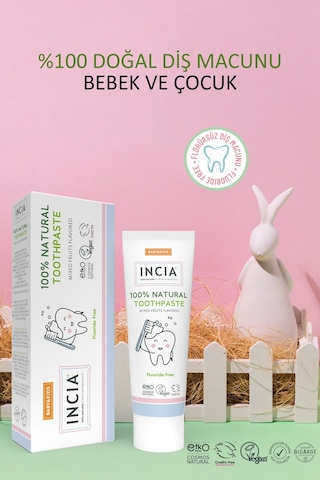 INCIA %100 Doğal Diş Macunu Bebek ve Çocuk Karışık Meyve Aromalı Florürsüz 50 Ml