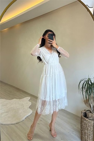 Neşeli Butik Kadın Kruvaze Yaka Dantelli Tül Elbise Nm010 Beyaz