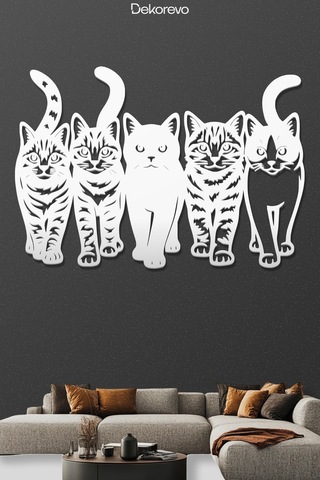 Kedi Çetesi Beşli Kedi Silüeti Metal Duvar Dekoru - Metal Duvar Sanatı - Beyaz - 75 X 50 Cm