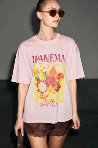 Grımelange Wuna Kadın Yumuşak Kumaşlı %100 Organik Pamuklu Baskı Detaylı Pembe T-shirt