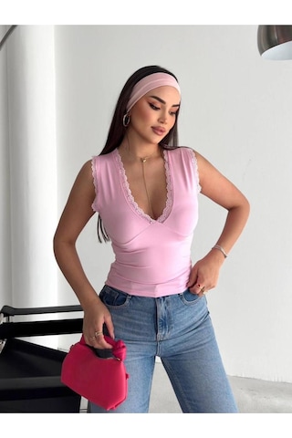 Kadın Derin V Yaka Dantel Detaylı Slim Fit Bluz Kolsuz Şık Kadın Bluz Pembe