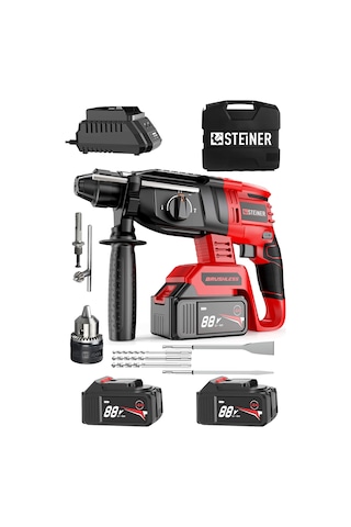 Steiner 88V 5Ah Çift Akülü Darbeli Kırıcı Delici Matkap Kırmızı + Mandren + 5 Parça Uç