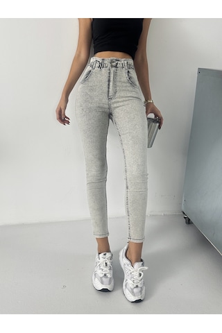 Kadın Kemer Büzgülü Power Dar Paça Kot Pantolon Gri