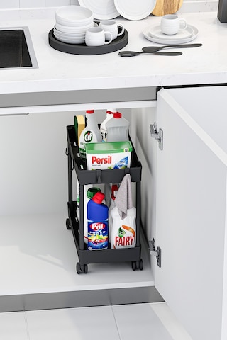 Siyah 2 Katlı Tekerlekli Düzenleyici Mutfak Ve Banyo Rafı
