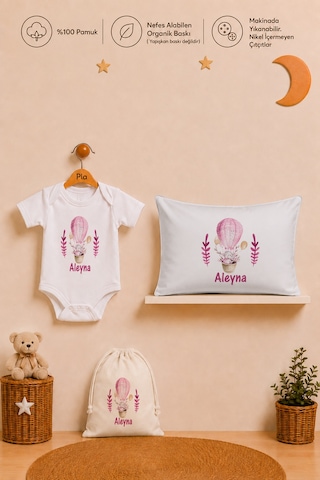 Pia Baby İsimli Kız Bebek Hediye Seti %100 Pamuk Organik Baskılı Body Yastık Kılıfı Ve Ham Bez Bebek Kıyafet Kesesi 2005bykyx Ekru