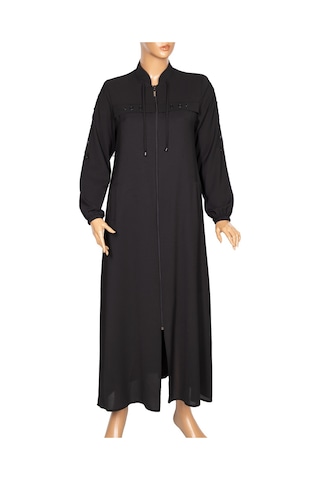 Hesna Kadın Selvi Dokuma Krep Kuş Gözü Aksesuarlı Siyah Ferace 001