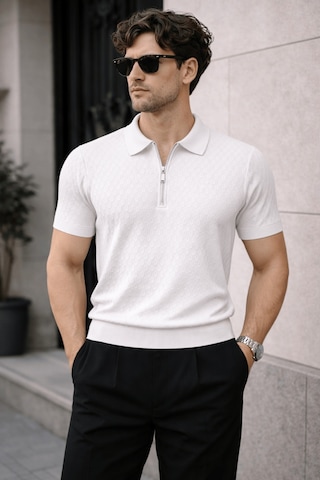 Erkek Fermuarlı Polo Yaka Triko Tişört Slim Fit Dokulu Yazlık Şık Casual Beyaz