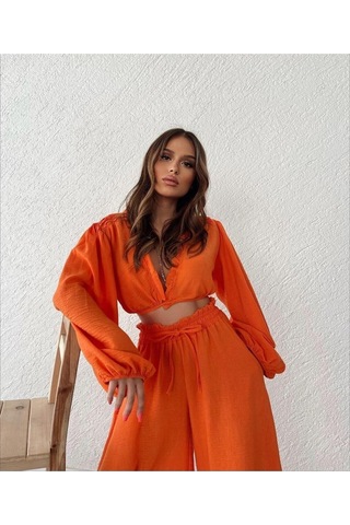 Fashion Cocktail Sahil Beach Tatil Bol Paça Doğal Müslin Kumaş Göbek Açık Crop Pantolon Kadın Takım Turuncu