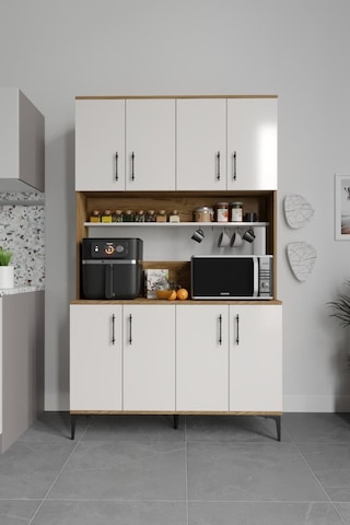 Plain Metal Ayak Metal Kulp Pla8120 Kahve Köşesi 8 Kapaklı Çok Amaçlı Dolap Erzak Dolabı Kiler Dolabı Saklama Dolabı Ekru Ceviz