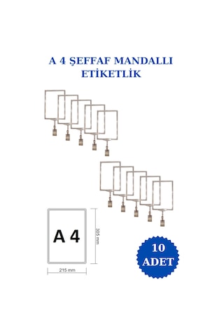 10 Adet Şeffaf A4 Mandallı Raf Sepet Etiketi Çerçeveli Etiketlik Şeffaf
