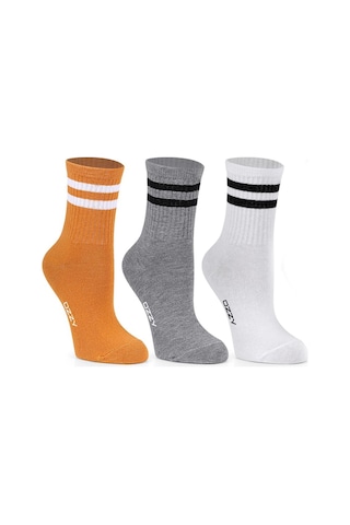 Ozzy Socks 3 Çift Çizgili Kolej Çorabı Sarı Gri Beyaz Pamuklu Tenis Çorabı Seti Karışık