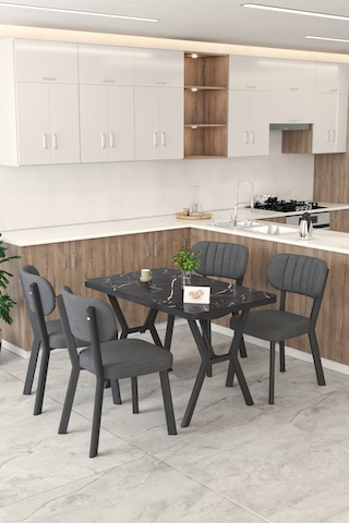 Gnr 70x110cm Sabit Siyah Mutfak Masası Takımı, Yemek Masası, 4 Modern Antrasit Sandalye Antrasit