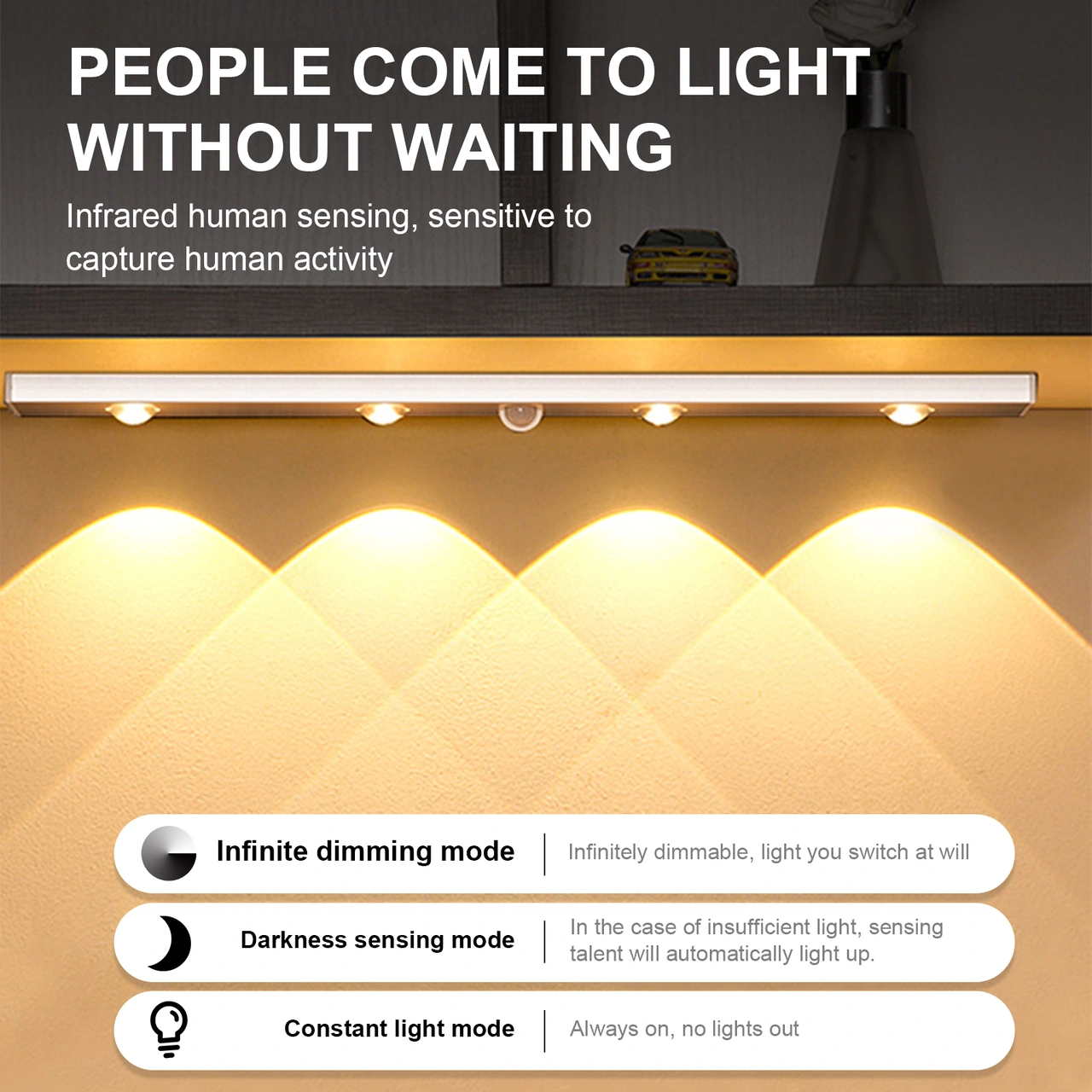 Folinda 60cm Led İnsan Algılama Lambası, Kablosuz Şarj, 3-5m Algılama Mesafesi, 120 Açı, 6 Ampul, Siyah, Üç Renk, Dolap/şapka Dolabı İçin, Otomatik Açma-kapama Siyah