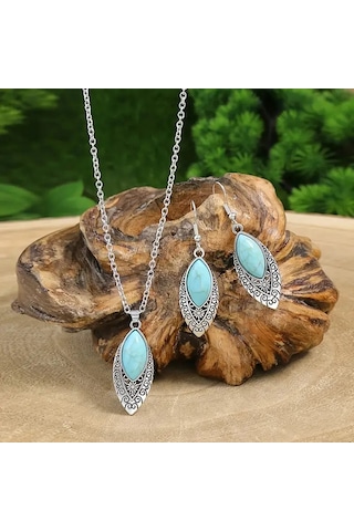 Otantik Mavi Taşlı Gümüş Takı Seti, Ahşap Kutu İçerisinde, Sevgililer Günü Hediyesi Gümüş