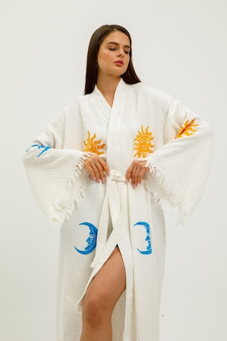 Befera Müslin Kimono Pamuklu Ayın Evreleri Baskılı Desenli Bornoz Kaftan Sabahlık Beyaz