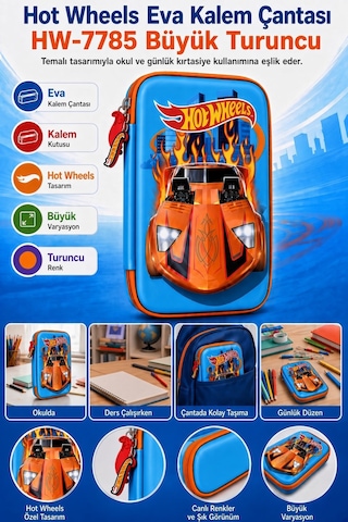 Hot Wheels Eva Kalem Çantası Hw-7785 Büyük Turuncu Kalem Kutusu Okul Kalemliği Kırtasiye Çantası Çok Renkli